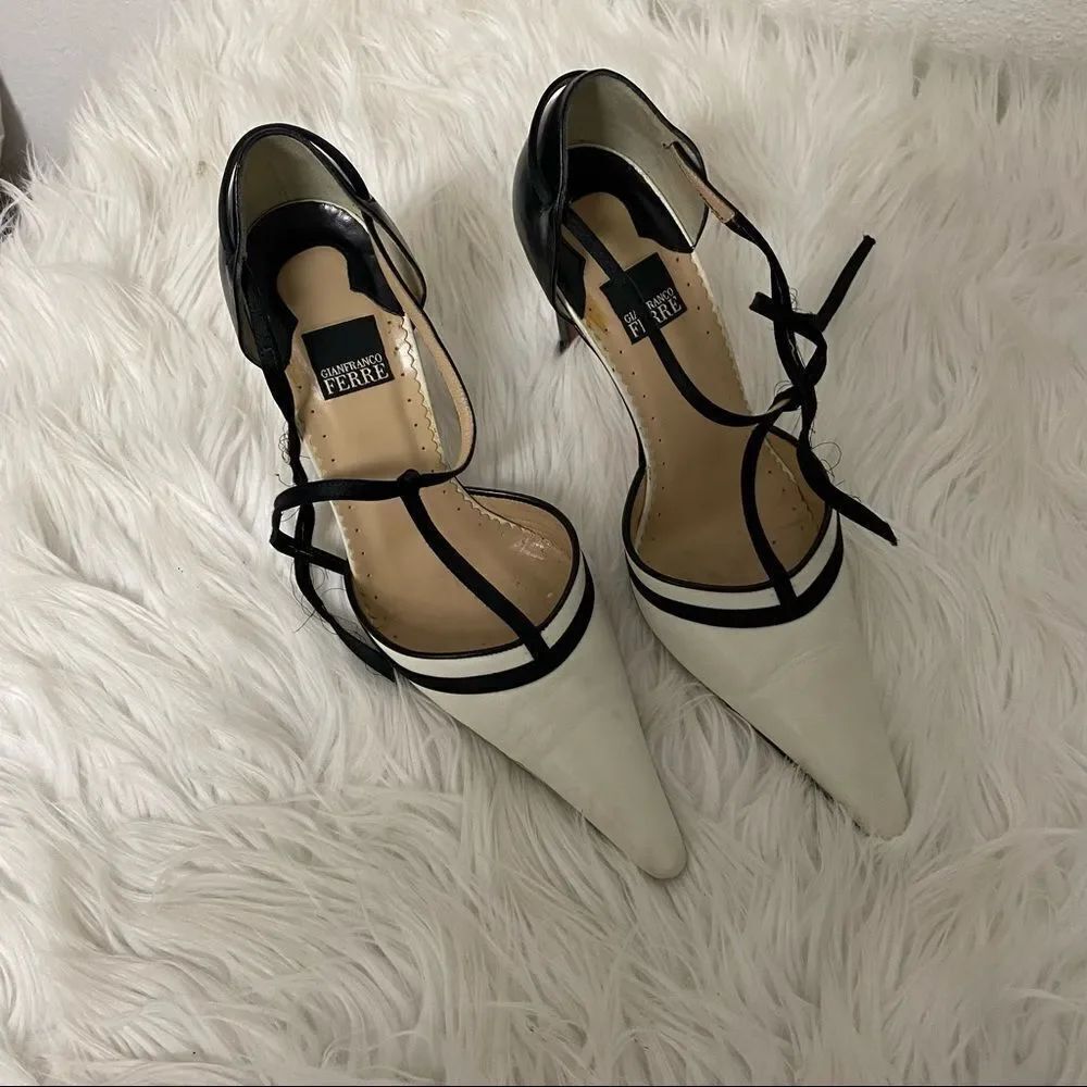 Gianfranco Ferre White Black Leather Pointed Toe Heels EUR 37.5 US 7 - Picture 3 of 8